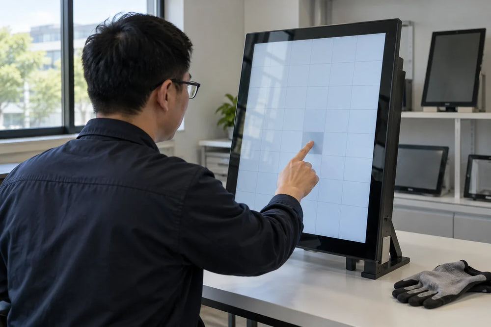 Photo-style AI scene illustration of an evaluator using a generic touch-screen sample.