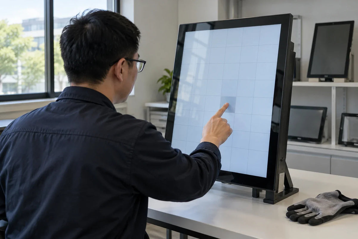 Photo-style AI scene illustration of an evaluator using a generic touch-screen sample.