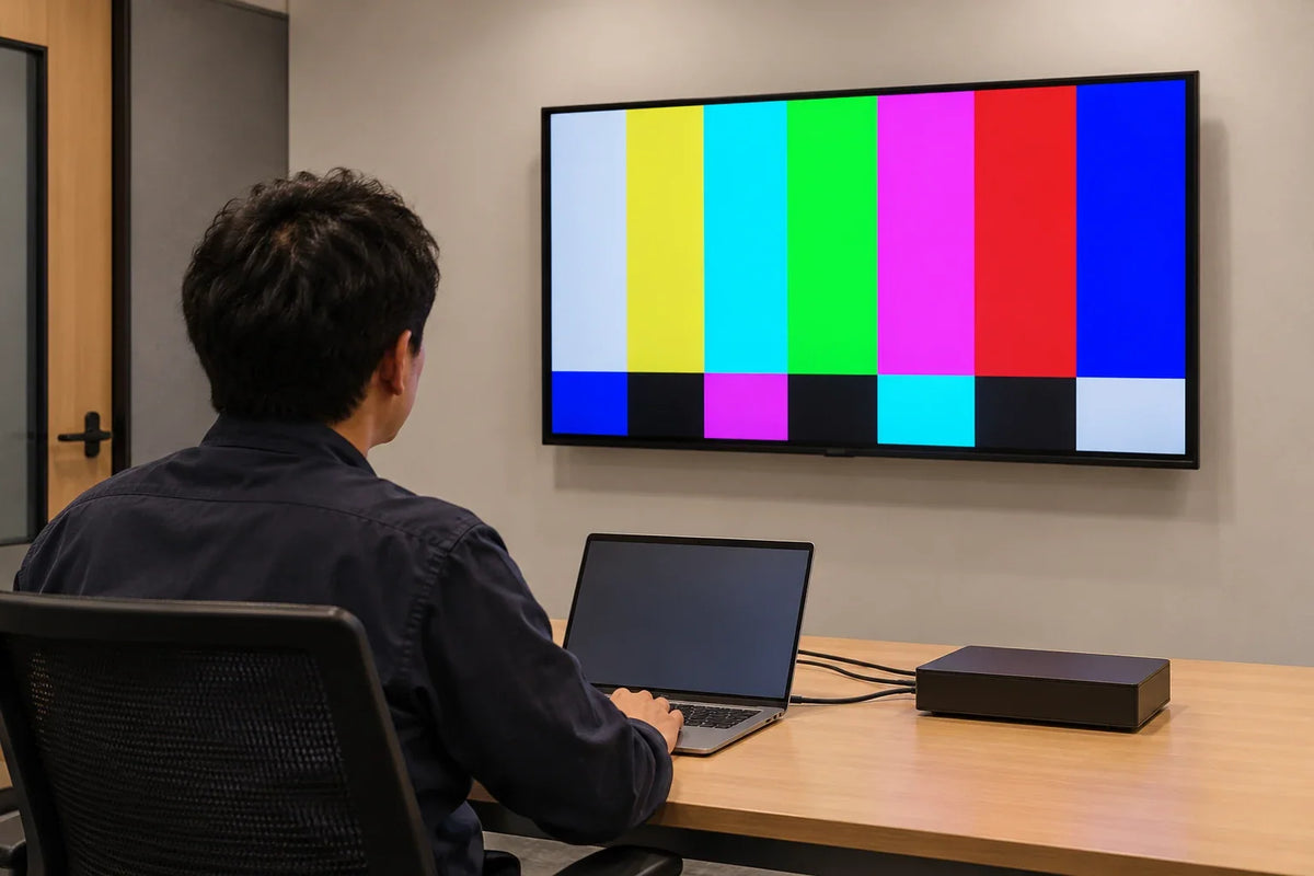 Photo-style AI scene illustration of a technician observing a display in an AV test room.