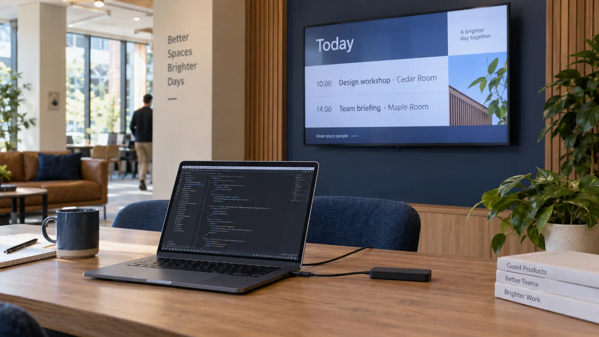 Illustration: Developer workspace with a commercial screen showing a fictional event schedule