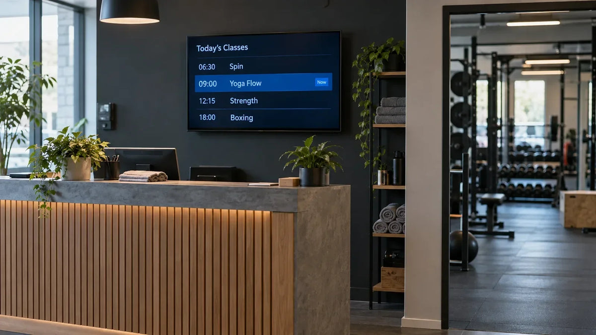 Illustration: Gym reception desk with a display showing a legible class timetable
