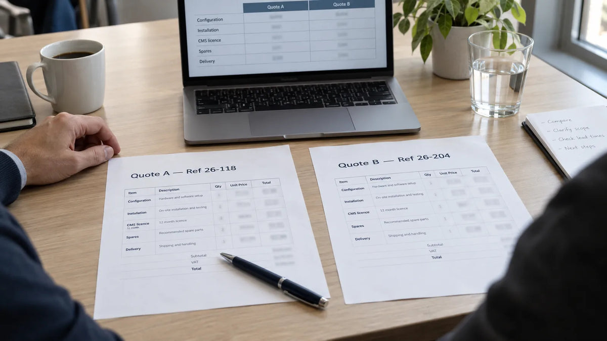 Illustration: Two supplier quotations side by side on a meeting table being compared line by line