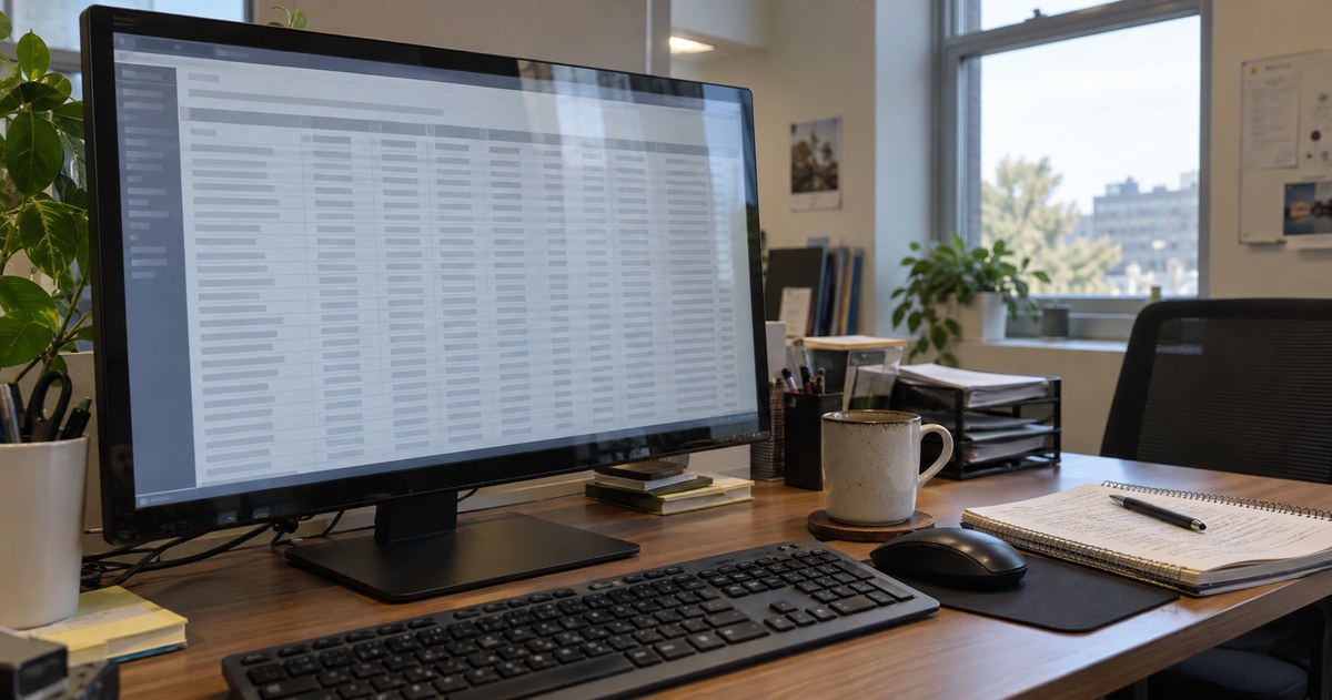 Illustrative image: A back-office monitor showing a screen-network report, with the room visible around it