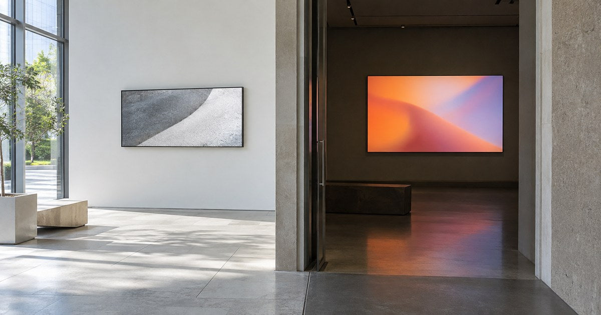 Illustrative image: A small reflective display in a bright lobby beside a backlit display in a shaded interior