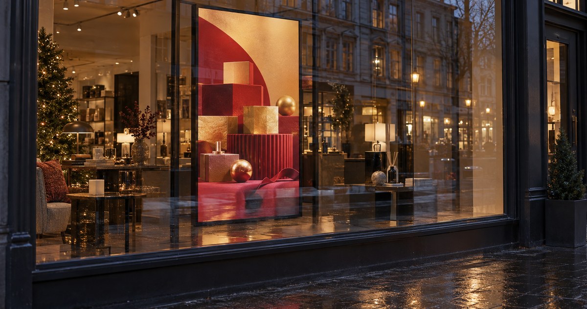 Illustrative image: A seasonal promotion on a shop window screen seen from the pavement