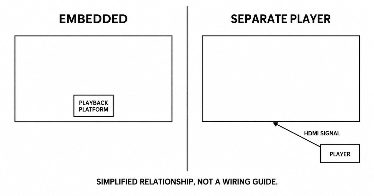 Illustrative image: A schematic comparing a playback platform inside the display assembly with a separate player connected to it by HDMI