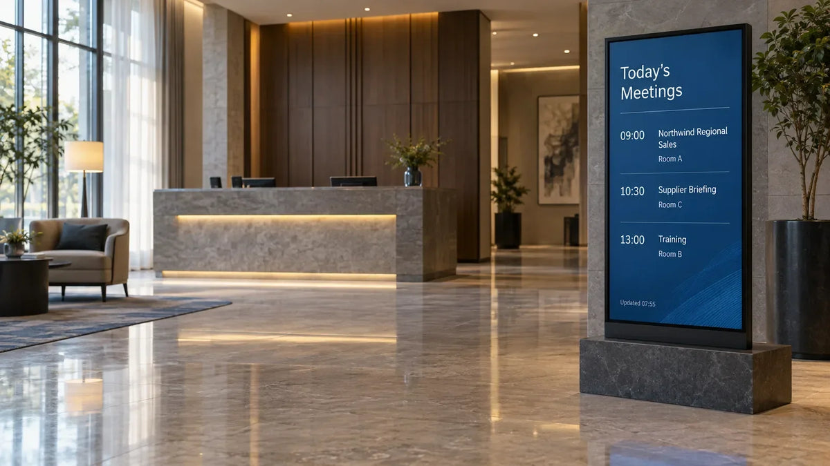 Illustration: Hotel lobby display showing a legible morning meeting-room schedule