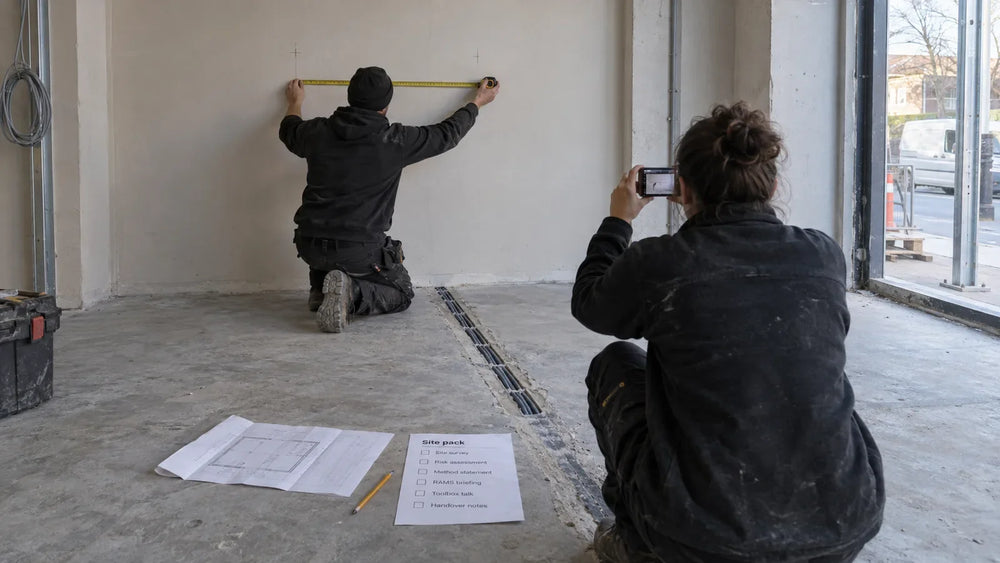 Illustration: Installer photographing and measuring a wall and floor route before a display is delivered