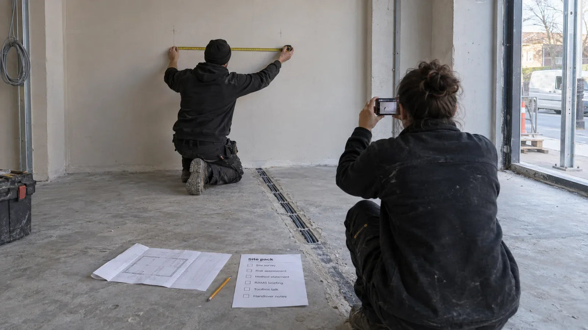 Illustration: Installer photographing and measuring a wall and floor route before a display is delivered