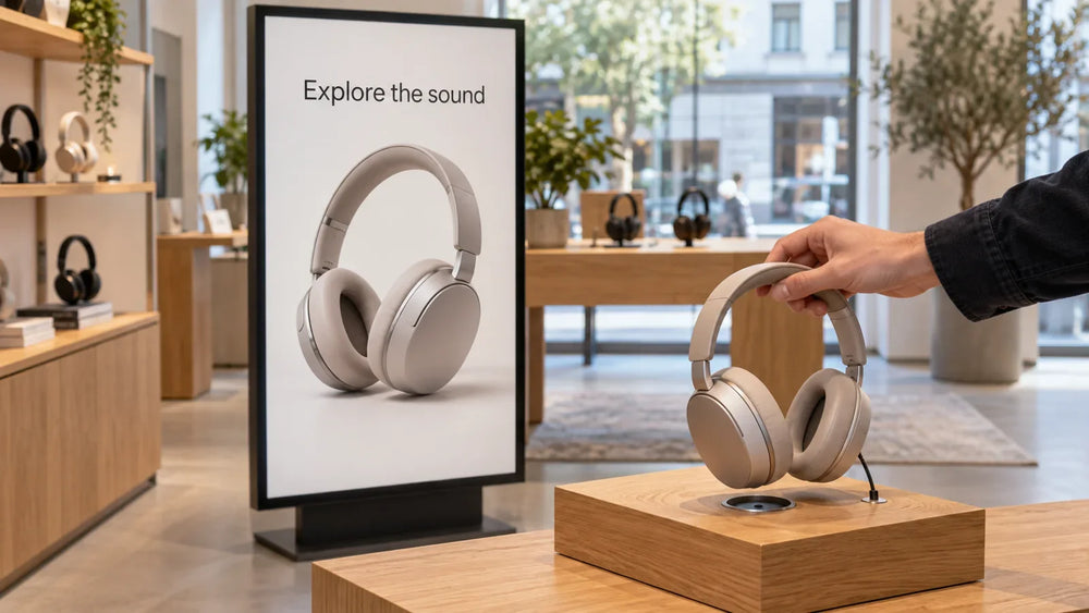 AI illustration of headphones lifted from a retail plinth beside matching screen content