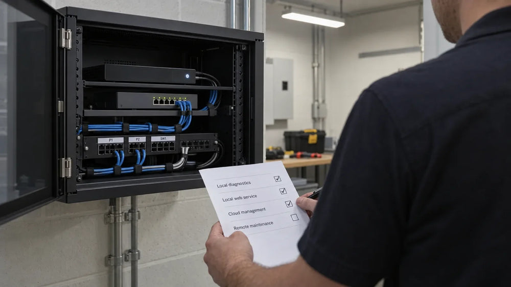 Illustration: Technician checking a media player inside an open wall cabinet with a printed checklist
