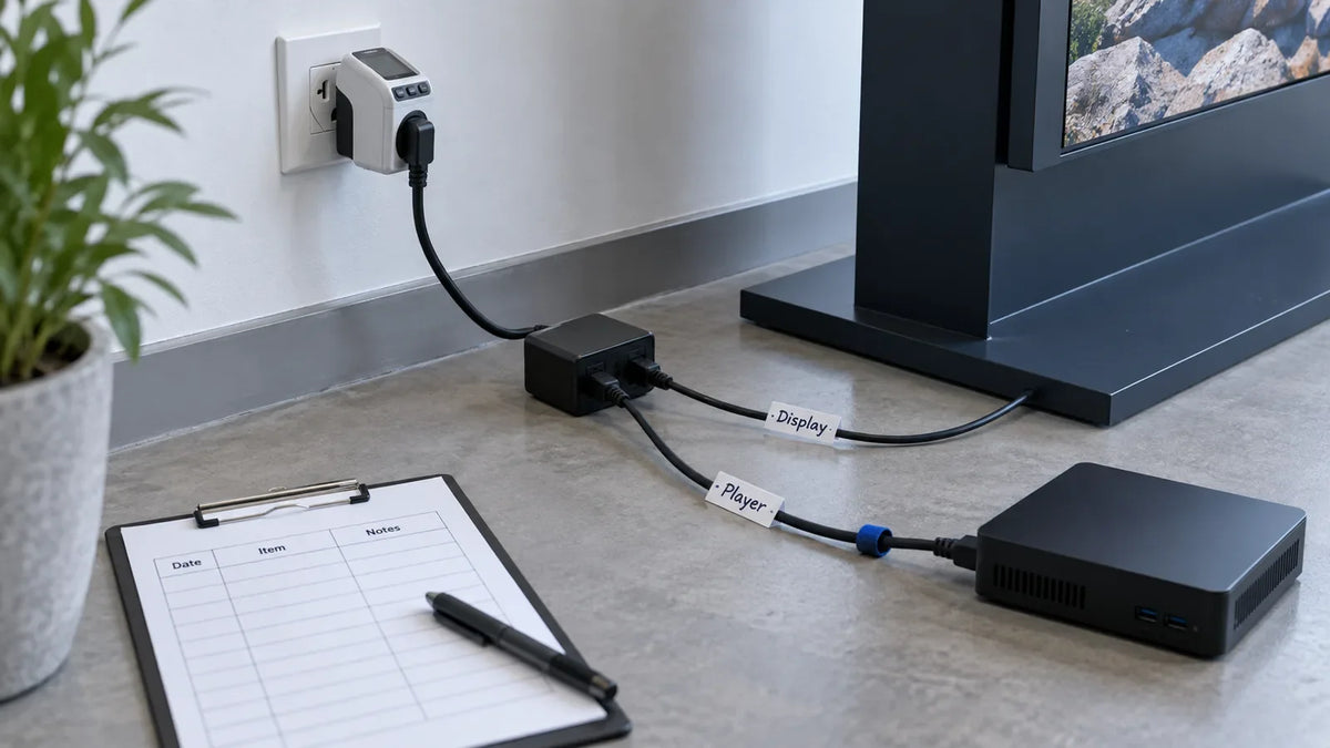 Illustration: Inline plug-in power meter at a wall socket with a display and player on separate leads