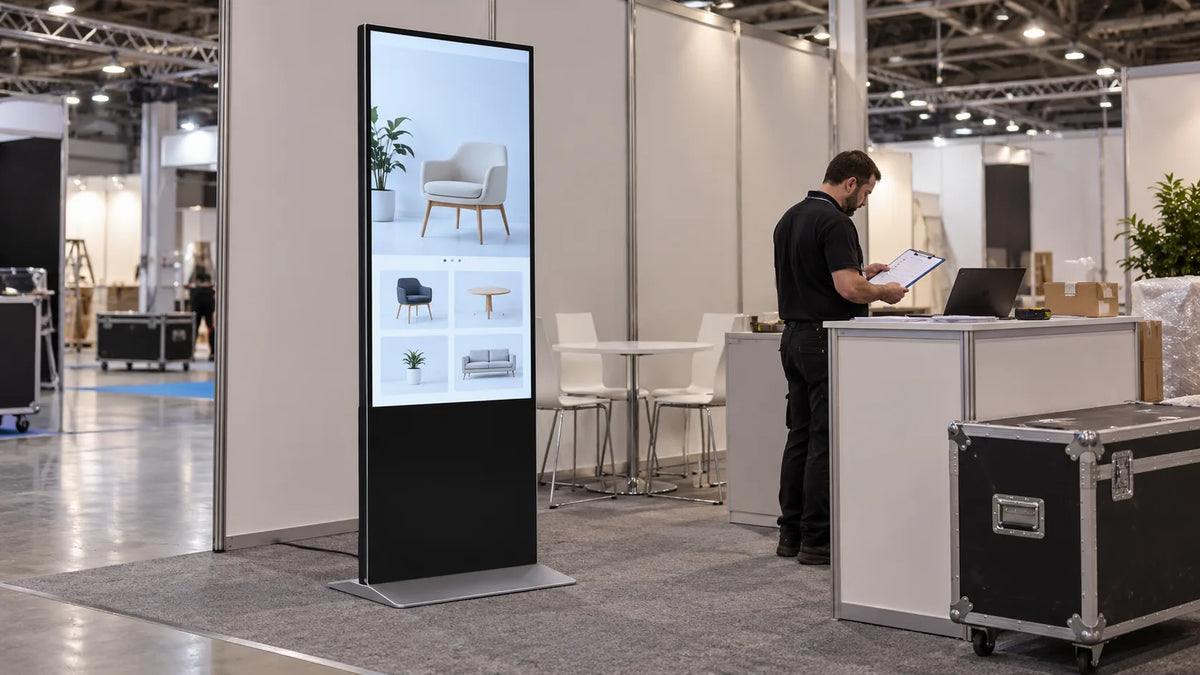 Illustrative event scene showing a portrait information kiosk before opening