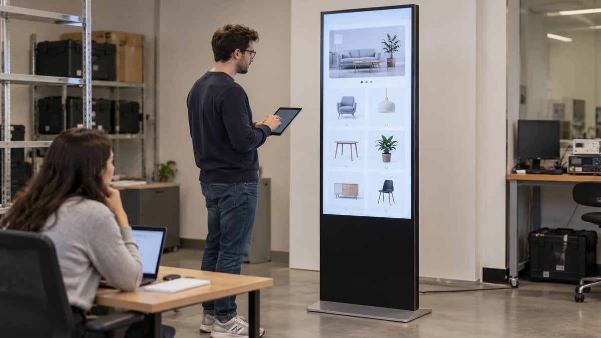 Illustrative application rehearsal on a portrait touch kiosk with a colleague observing