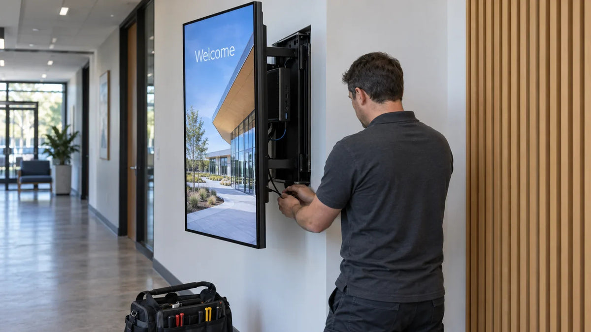 AI illustration of a technician servicing a wall-mounted commercial display