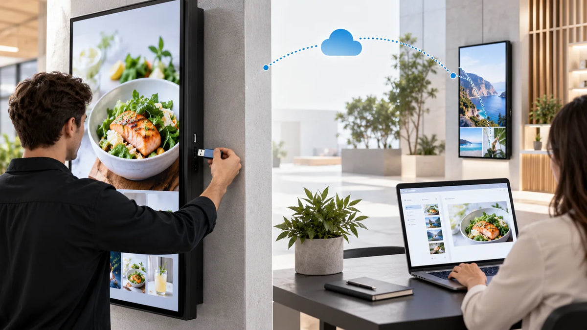 Illustration: local USB content updates are compared with remote cloud publishing.