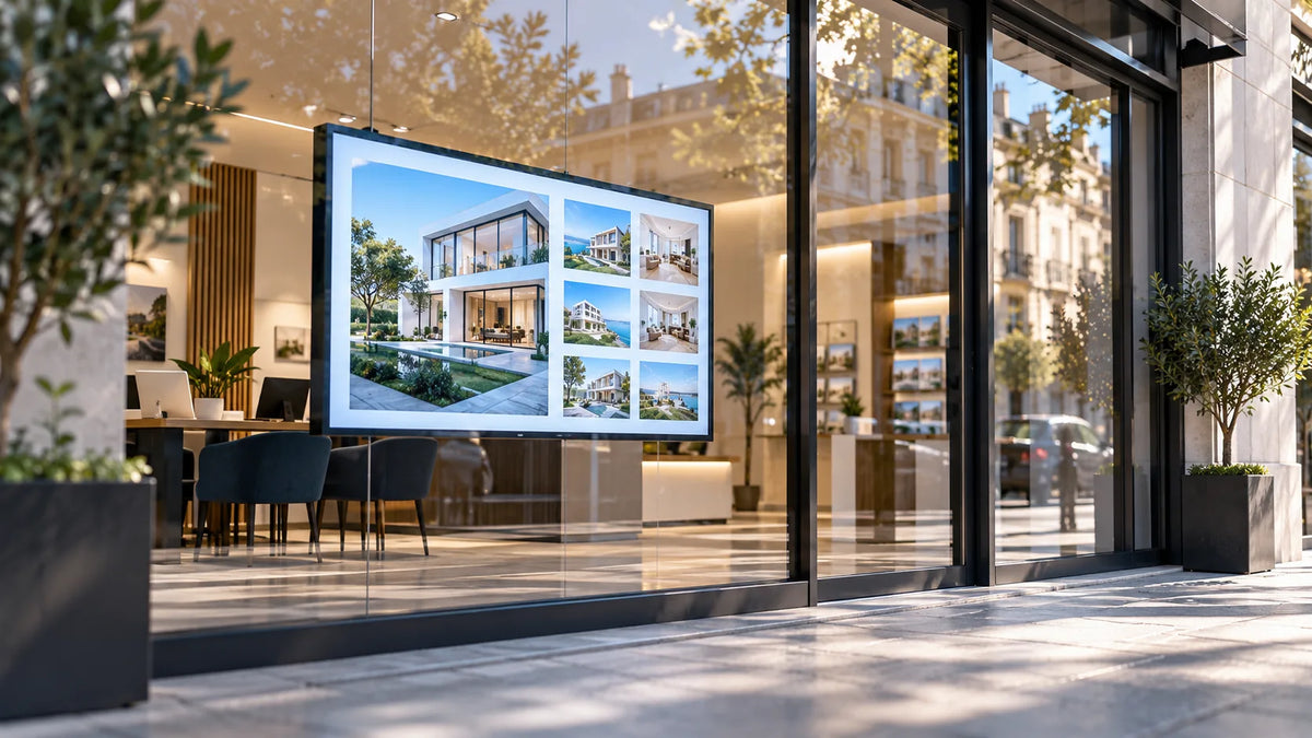 Illustration: property listings appear on a screen behind a reflective real estate office window.