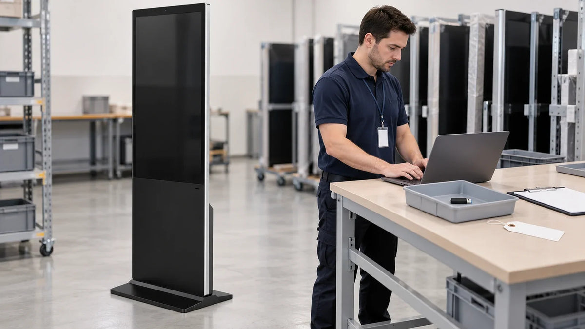 IT technician recording media and access disposition before a freestanding display leaves the site.