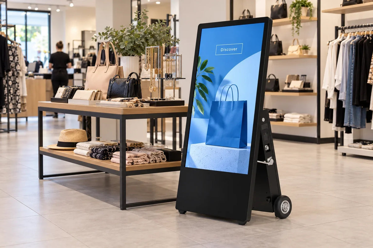 Concept portable battery display positioned beside a temporary retail promotion