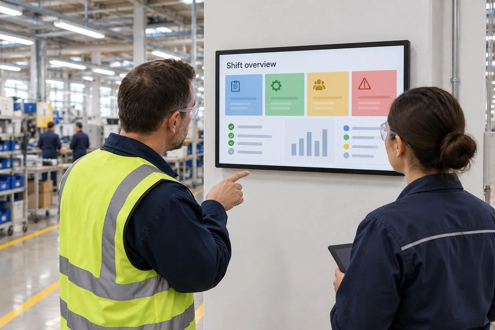 Photo-style AI scene illustration of supervisors reviewing a display at a factory shift meeting.