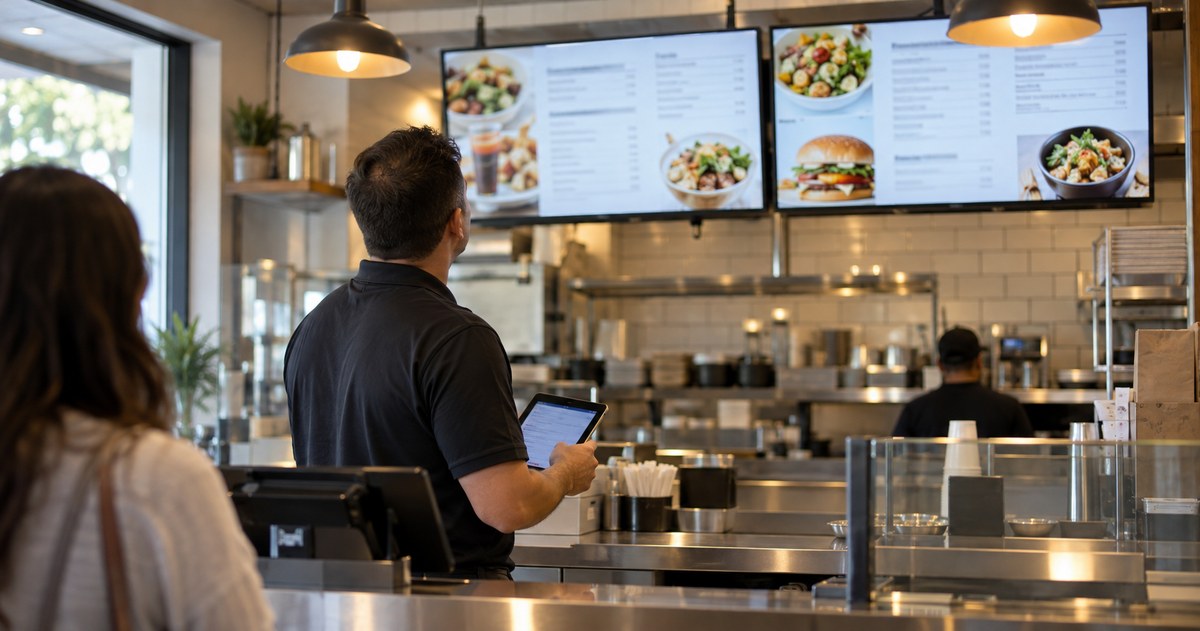 Concept illustration: A restaurant manager updating a digital menu board while a customer waits at the counter