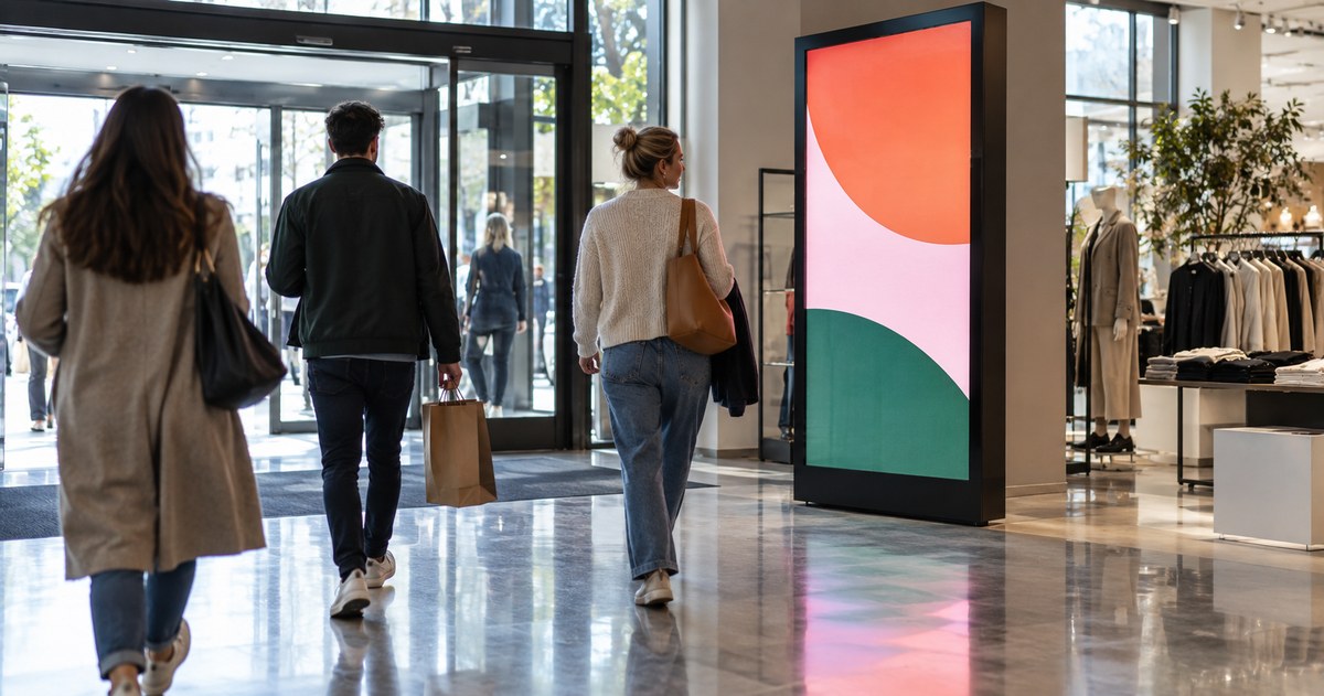 Concept illustration: Shoppers passing a screen at a store entrance carrying an unbranded advertising message