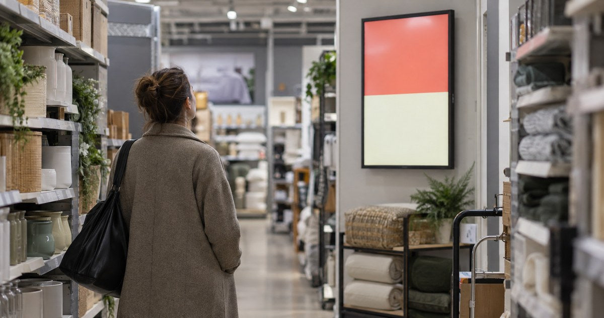 Illustrative image: A shopper pausing at the end of a store aisle and looking at a wall-mounted screen