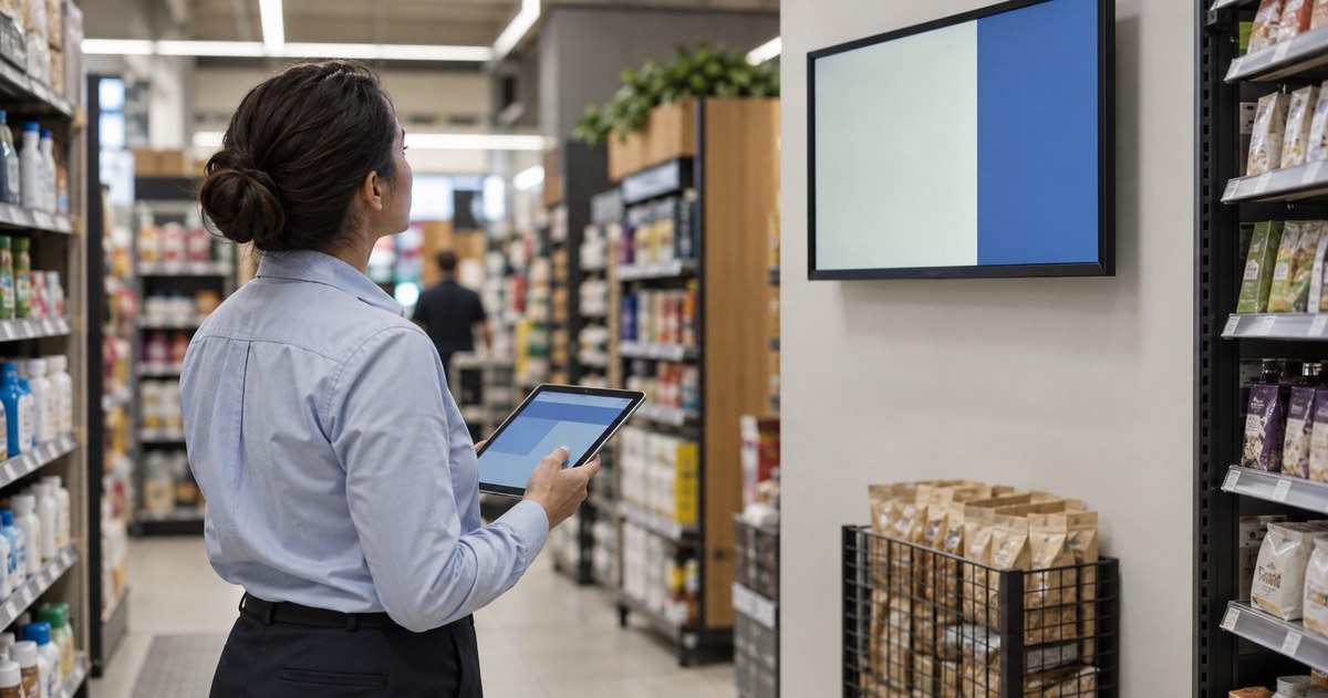 Illustrative image: A store manager holding a tablet beside a store screen showing a local notice