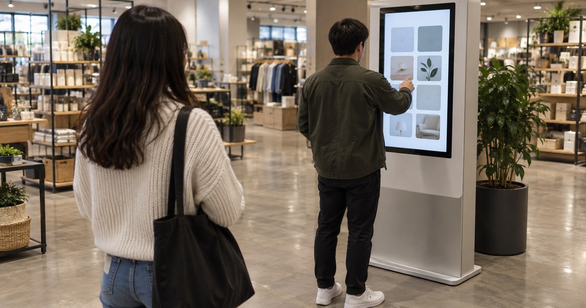 Illustrative image: A visitor using a freestanding touch terminal while another waits behind them