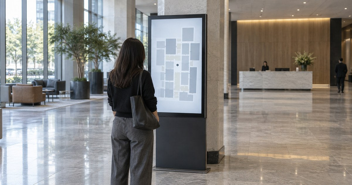 Illustrative image: A visitor standing at a wayfinding terminal in a building lobby