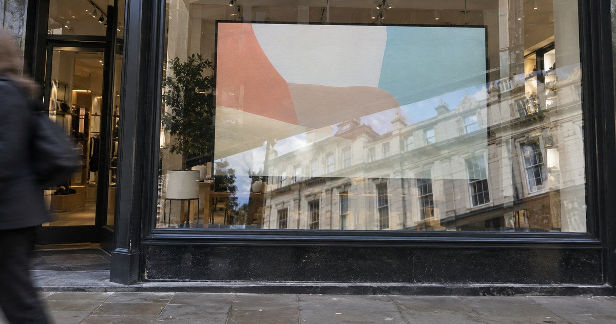 Illustrative image: A shop window seen from the pavement, with a screen inside and a strong reflection across the glass