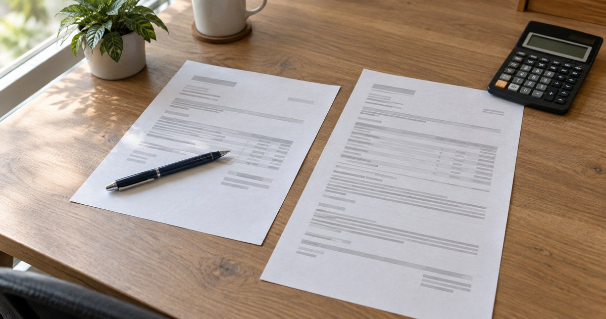 Illustrative image: Two printed quotations side by side on a desk with a pen and a calculator