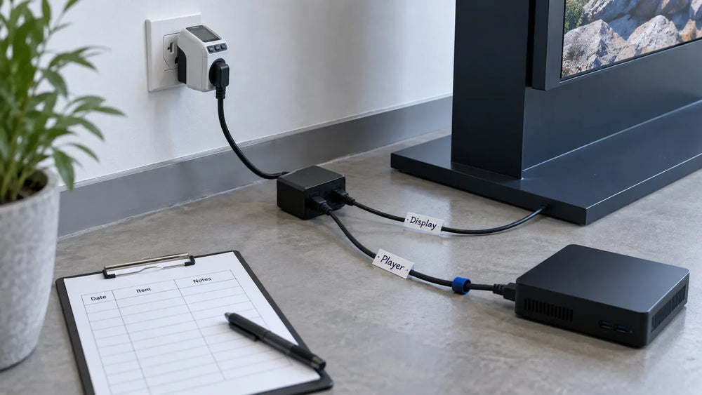 Illustration: Inline plug-in power meter at a wall socket with a display and player on separate leads