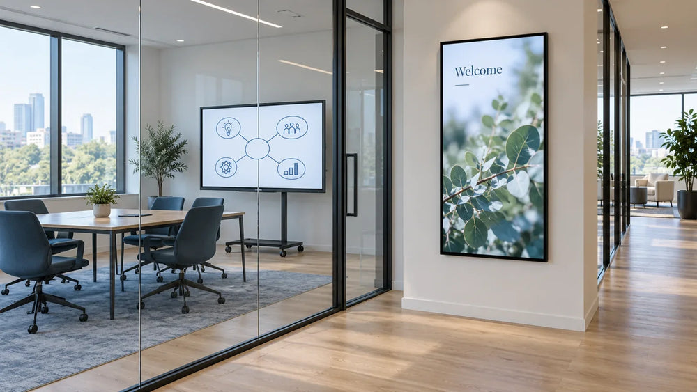 AI illustration of a meeting-room interactive panel and a separate portrait signage display