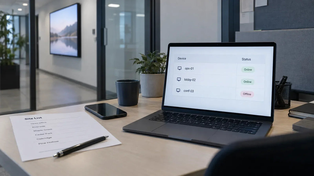 Illustration: Operations desk with a laptop showing a device list while a corridor display runs behind