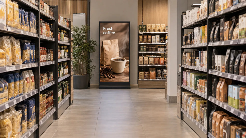 Illustration: Supermarket aisle end with a vertical screen showing a realistic coffee advertisement
