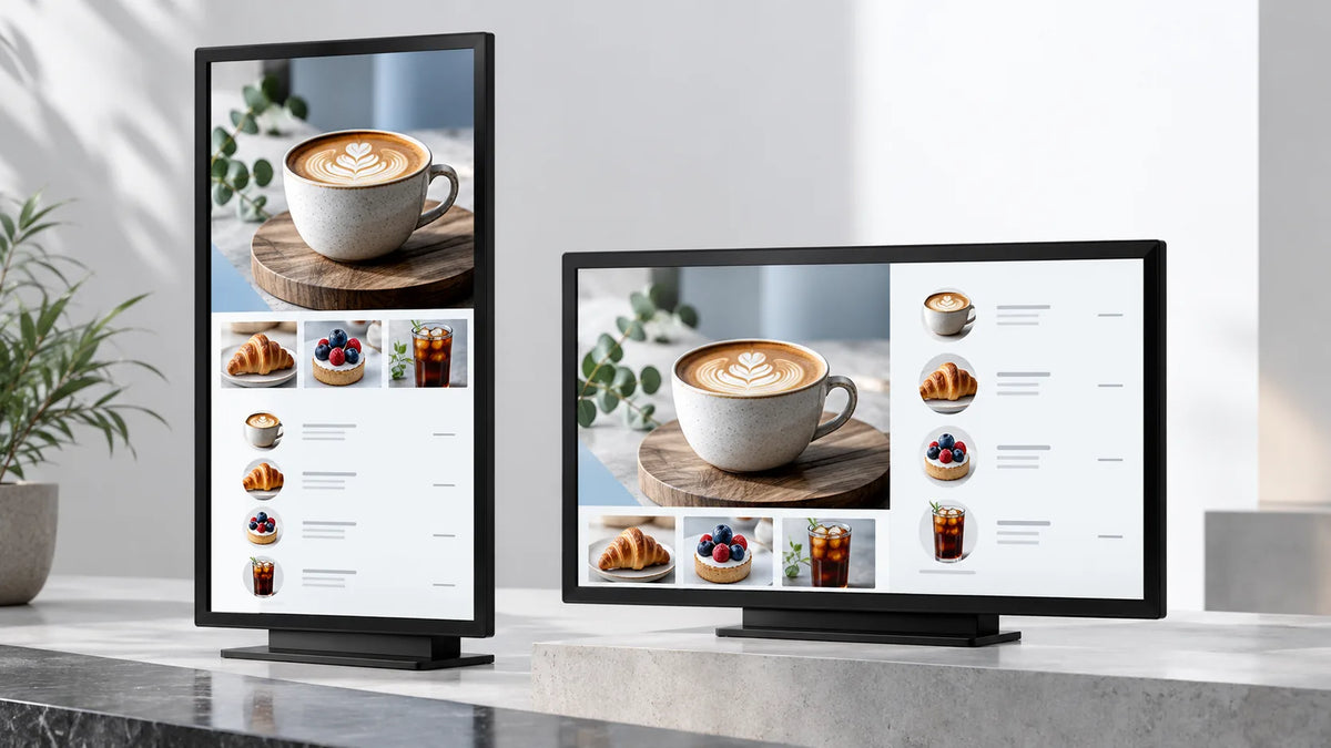 Illustration: portrait and landscape screens present the same cafe menu in different layouts.