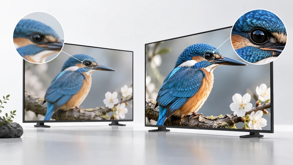 Illustration: two screens and enlarged bird-image details show a conceptual resolution comparison.