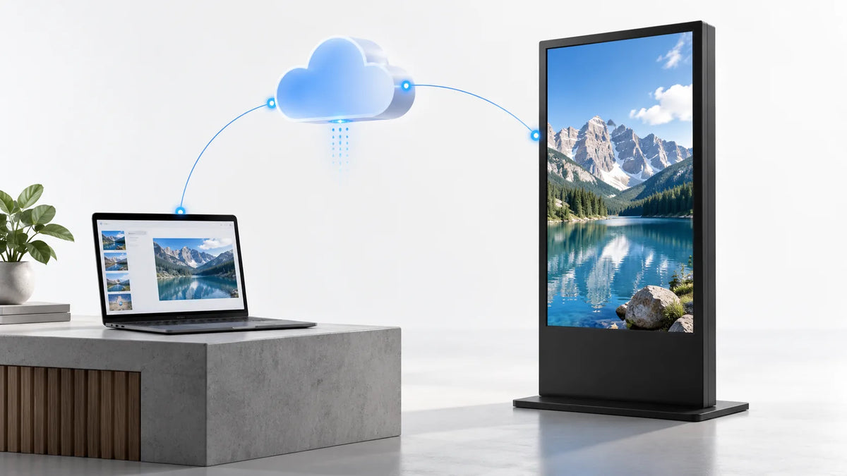 Illustration: a laptop, cloud symbol, and freestanding display show a conceptual publishing path.