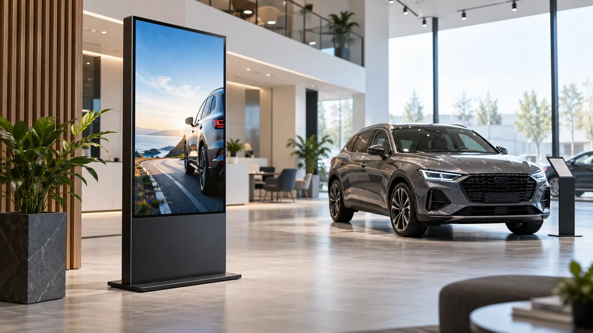 Illustration: a generic freestanding display in a car showroom represents a possible placement zone.