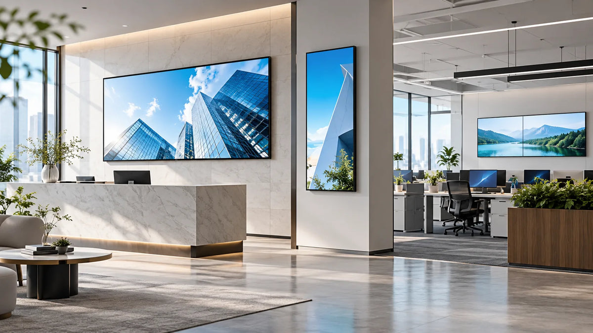 Illustration: lobby and staff-area screens represent separate corporate communication zones.