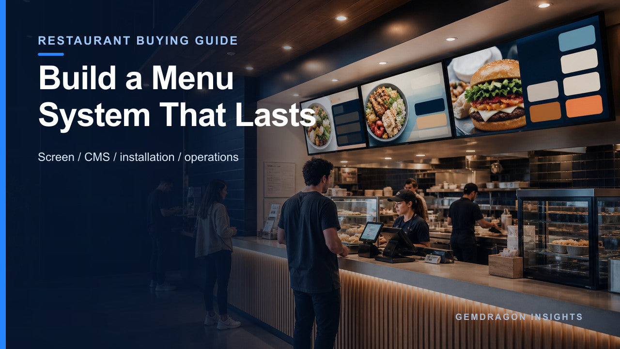 Restaurant digital menu boards shown in a real service context for procurement planning