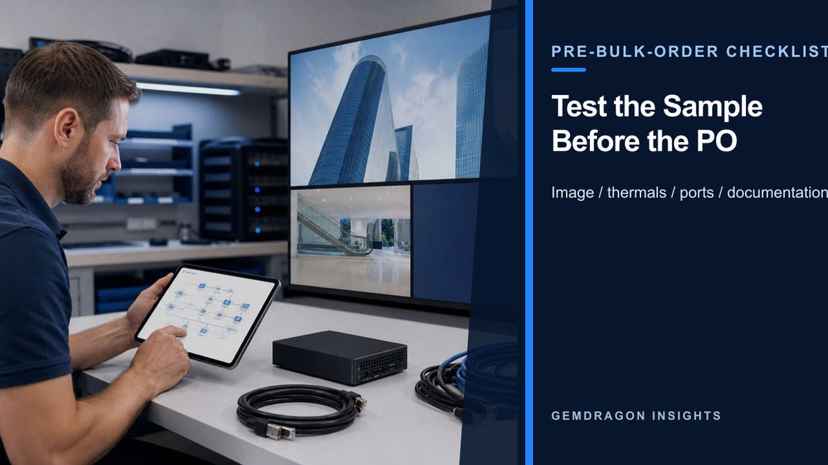 Technician evaluating commercial display hardware before a bulk purchase order