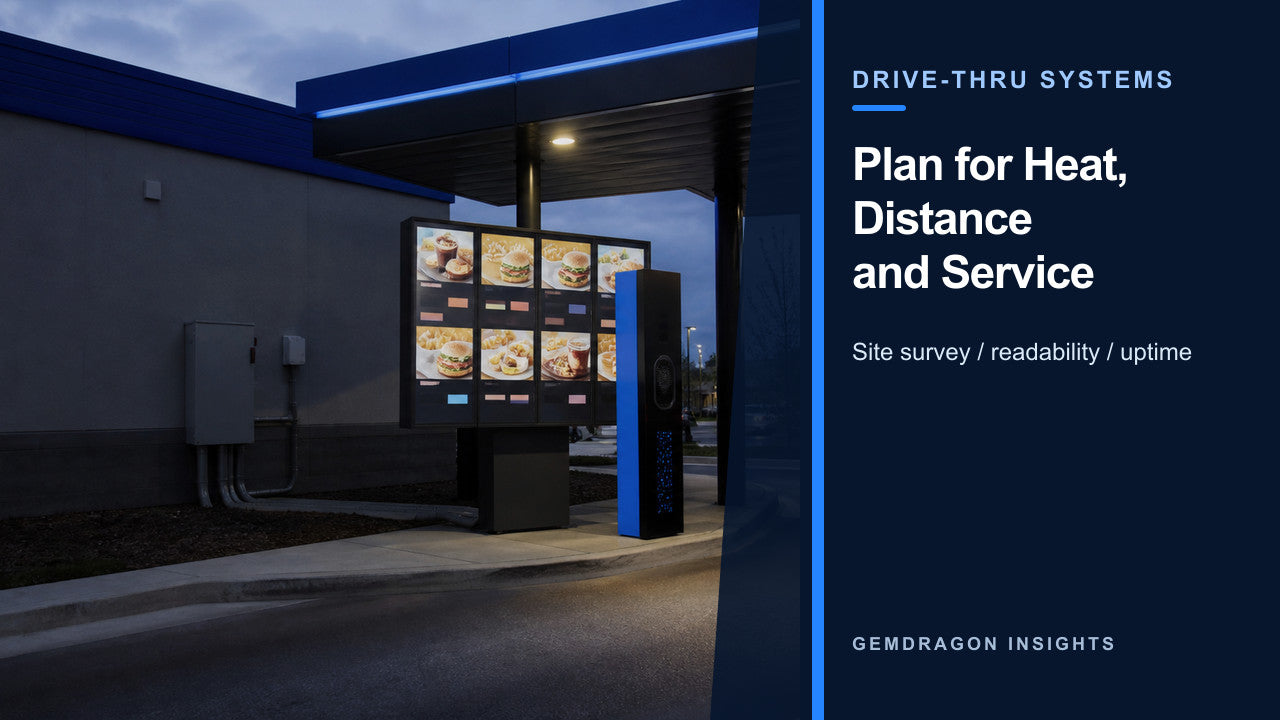 Digital menu-board environment illustrating drive-thru hardware and site planning