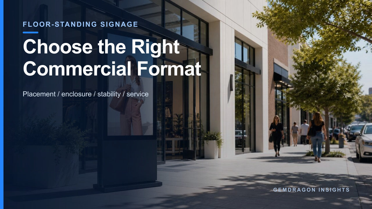 Floor-standing digital signage in a commercial streetscape illustrating format selection