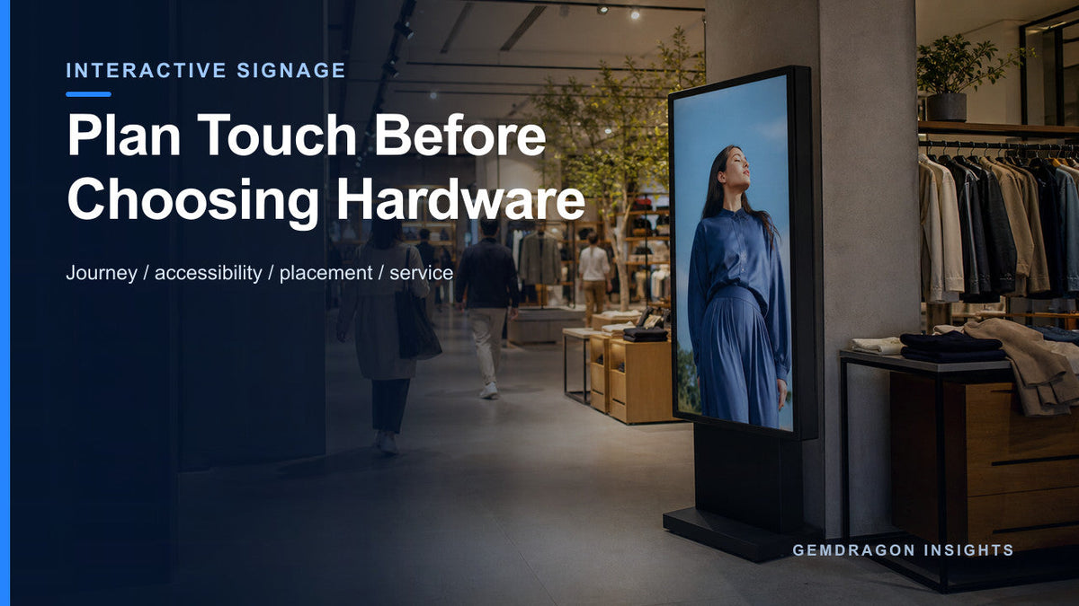 Interactive digital signage in a retail environment illustrating touch-kiosk planning
