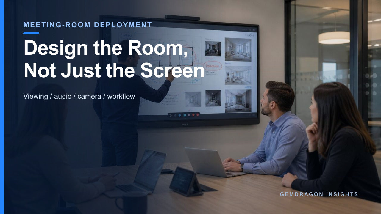 Team using an interactive display during a conference-room planning session