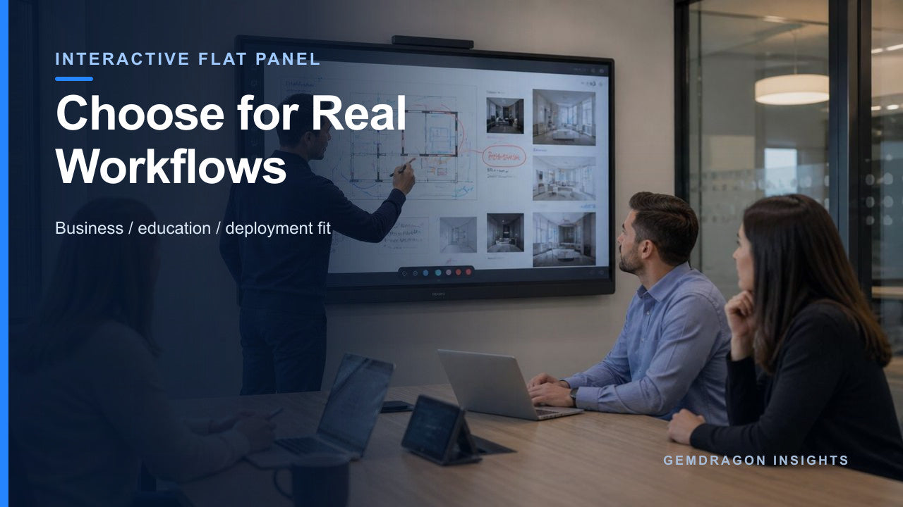 Professionals collaborating on an interactive flat panel during a workflow evaluation