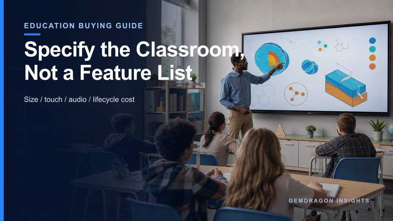 Teacher and students using an interactive smart board in a classroom buying-guide context