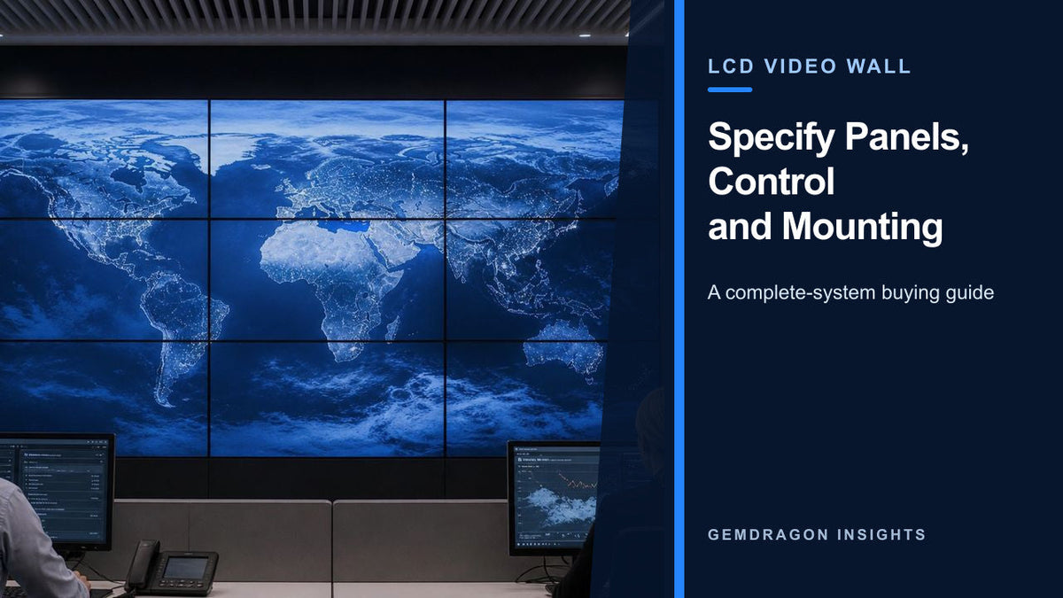 LCD video wall in an operations room illustrating panels controllers and mounting